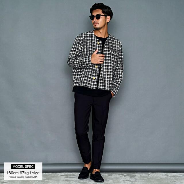 ジャケット メンズ おしゃれ ノーカラー ノーカラージャケット ツイード テーラードジャケット ブルゾン アウター ブランド ショート丈 チェック ユニセックス 黒 青 M L CavariA 20代 30代 40代 秋 冬 秋服 冬服 秋冬 きれいめ 大人 服 男 男性 ファッション [CAGS24-06] ジャケット メンズ おしゃれ ノーカラー ノーカラージャケット