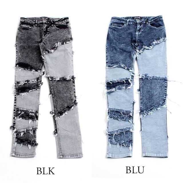 黒スキニーパンツ 切り替え メンズ フリンジ 黒パン ヴィジュアル系 V