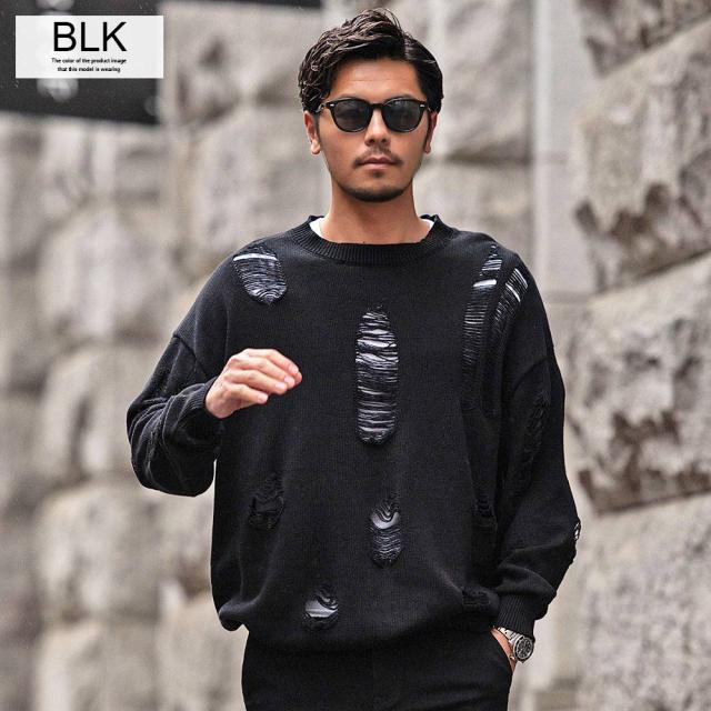 ニット メンズ ブランド おしゃれ 長袖 セーター ダメージ加工 穴あき ボロボロ ヴィンテージ風 クルーネック 丸首 無地 シンプル 綿100% コットン オーバーサイズ ゆったり ユニセックス ホワイト ブラック 白 黒 服 春 秋 冬 メンズファッション 即日発送 [CANG24-05] ニット メンズ ブランド おしゃれ 長袖 セーター ダメージ加工 穴あき