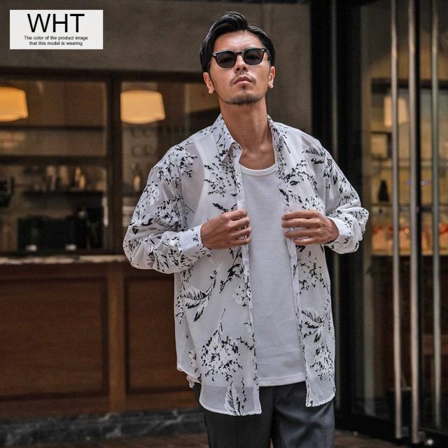 シャツ メンズ ブランド おしゃれ 総柄シャツ シアーシャツ フラワージャガード 大きいサイズ ゆったり 長袖シャツ 花柄 フラワー 大人 きれいめ カジュアルシャツ 白シャツ ホワイト ブラック M L 20代 30代 40代 ユニセックス 男性 男 服 春 春服 ファッション [CANG25-32]_2