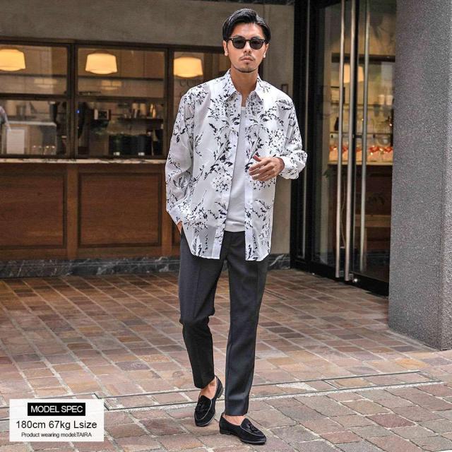 シャツ メンズ ブランド おしゃれ 総柄シャツ シアーシャツ フラワージャガード 大きいサイズ ゆったり 長袖シャツ 花柄 フラワー 大人 きれいめ カジュアルシャツ 白シャツ ホワイト ブラック M L 20代 30代 40代 ユニセックス 男性 男 服 春 春服 ファッション [CANG25-32]_3