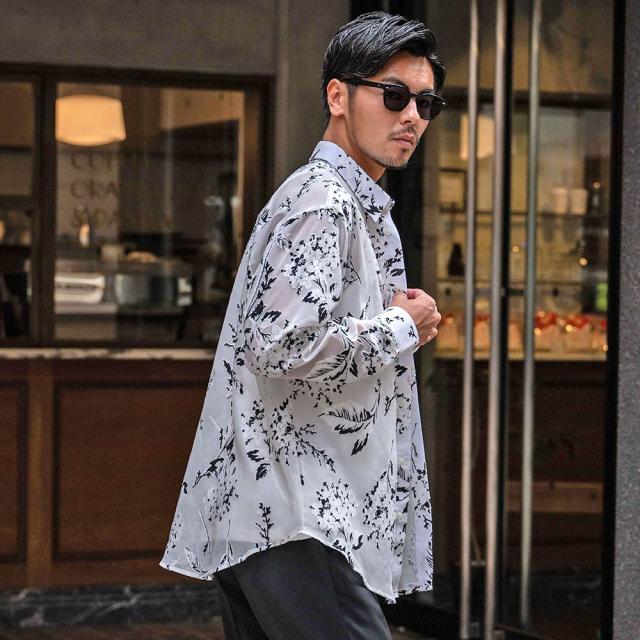 シャツ メンズ ブランド おしゃれ 総柄シャツ シアーシャツ フラワージャガード 大きいサイズ ゆったり 長袖シャツ 花柄 フラワー 大人 きれいめ カジュアルシャツ 白シャツ ホワイト ブラック M L 20代 30代 40代 ユニセックス 男性 男 服 春 春服 ファッション [CANG25-32]_4