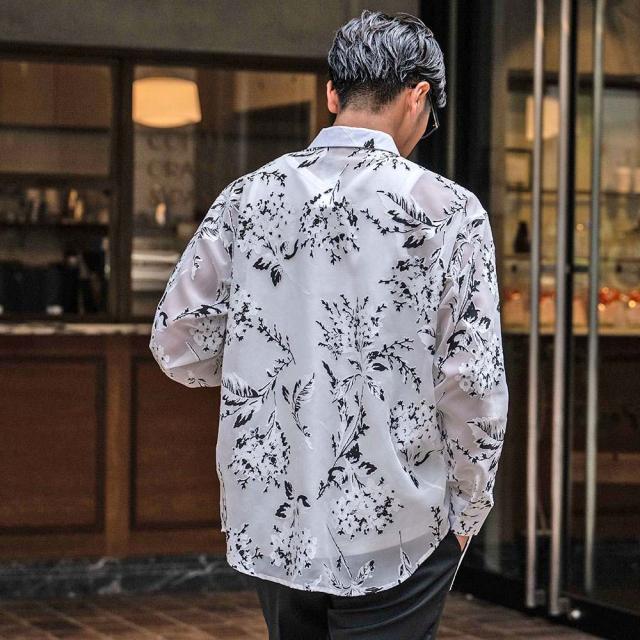 シャツ メンズ ブランド おしゃれ 総柄シャツ シアーシャツ フラワージャガード 大きいサイズ ゆったり 長袖シャツ 花柄 フラワー 大人 きれいめ カジュアルシャツ 白シャツ ホワイト ブラック M L 20代 30代 40代 ユニセックス 男性 男 服 春 春服 ファッション [CANG25-32]_5