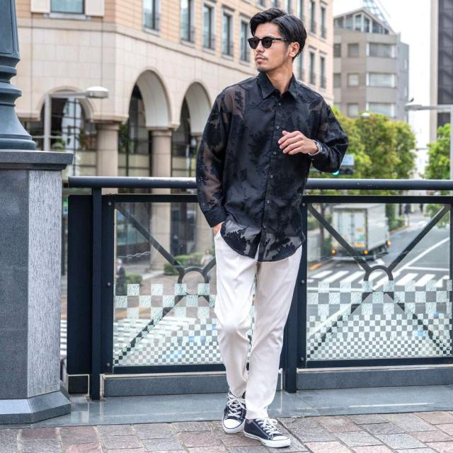 シャツ メンズ ブランド おしゃれ 総柄シャツ シアーシャツ フラワージャガード 大きいサイズ ゆったり 長袖シャツ 花柄 フラワー 大人 きれいめ カジュアルシャツ 白シャツ ホワイト ブラック M L 20代 30代 40代 ユニセックス 男性 男 服 春 春服 ファッション [CANG25-32]_7