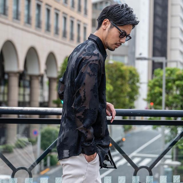 シャツ メンズ ブランド おしゃれ 総柄シャツ シアーシャツ フラワージャガード 大きいサイズ ゆったり 長袖シャツ 花柄 フラワー 大人 きれいめ カジュアルシャツ 白シャツ ホワイト ブラック M L 20代 30代 40代 ユニセックス 男性 男 服 春 春服 ファッション [CANG25-32]_8