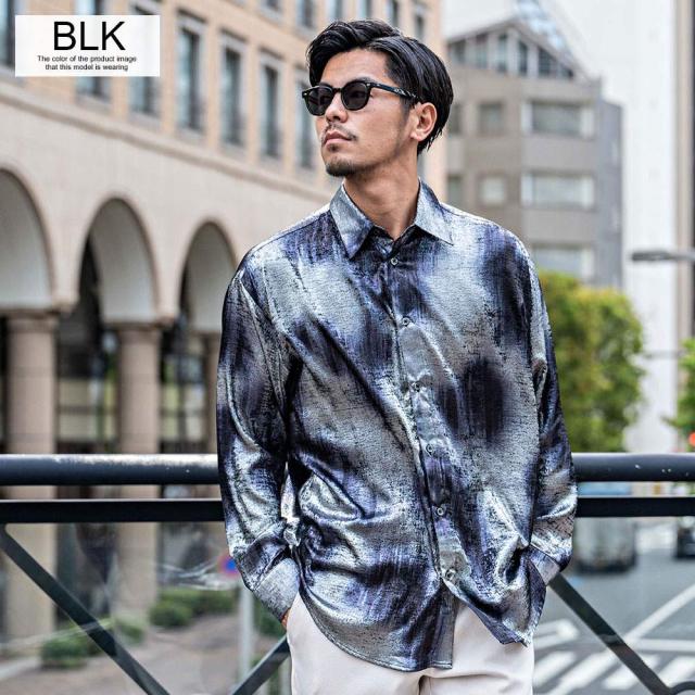シャツ メンズ ブランド おしゃれ 総柄シャツ グリッターシャツ シャイニーシャツ 大きいサイズ ゆったり 長袖シャツ 光沢 上品 大人 きれいめ 白シャツ ブラック ゴールド シルバー M L CavariA 20代 30代 40代 ユニセックス 男性 男 服 春 春服 ファッション [CANG25-33]_2