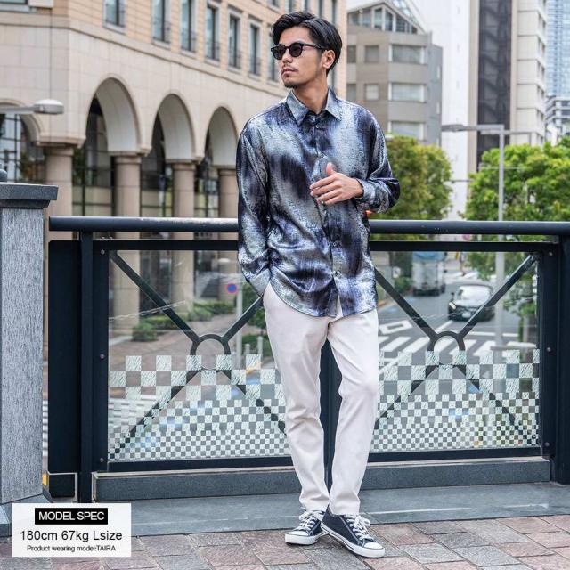シャツ メンズ ブランド おしゃれ 総柄シャツ グリッターシャツ シャイニーシャツ 大きいサイズ ゆったり 長袖シャツ 光沢 上品 大人 きれいめ 白シャツ ブラック ゴールド シルバー M L CavariA 20代 30代 40代 ユニセックス 男性 男 服 春 春服 ファッション [CANG25-33]_3