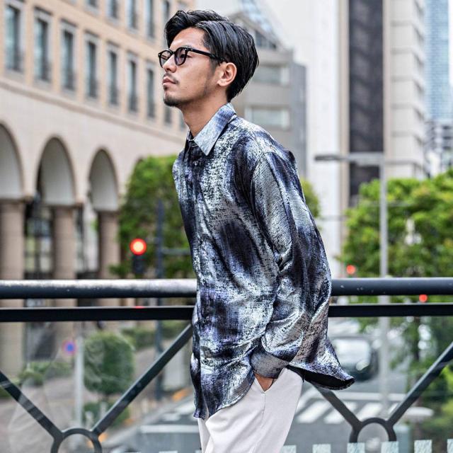 シャツ メンズ ブランド おしゃれ 総柄シャツ グリッターシャツ シャイニーシャツ 大きいサイズ ゆったり 長袖シャツ 光沢 上品 大人 きれいめ 白シャツ ブラック ゴールド シルバー M L CavariA 20代 30代 40代 ユニセックス 男性 男 服 春 春服 ファッション [CANG25-33]_4