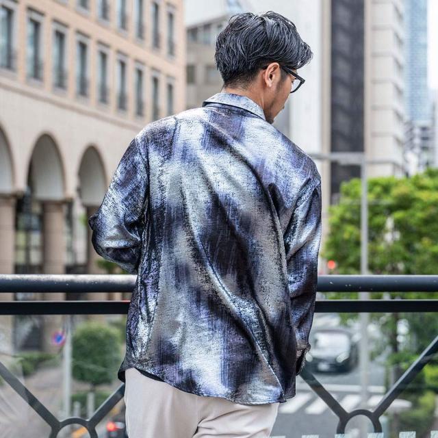 シャツ メンズ ブランド おしゃれ 総柄シャツ グリッターシャツ シャイニーシャツ 大きいサイズ ゆったり 長袖シャツ 光沢 上品 大人 きれいめ 白シャツ ブラック ゴールド シルバー M L CavariA 20代 30代 40代 ユニセックス 男性 男 服 春 春服 ファッション [CANG25-33]_5