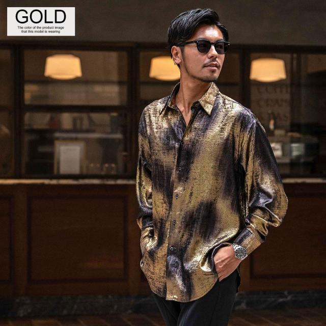 シャツ メンズ ブランド おしゃれ 総柄シャツ グリッターシャツ シャイニーシャツ 大きいサイズ ゆったり 長袖シャツ 光沢 上品 大人 きれいめ 白シャツ ブラック ゴールド シルバー M L CavariA 20代 30代 40代 ユニセックス 男性 男 服 春 春服 ファッション [CANG25-33]_6