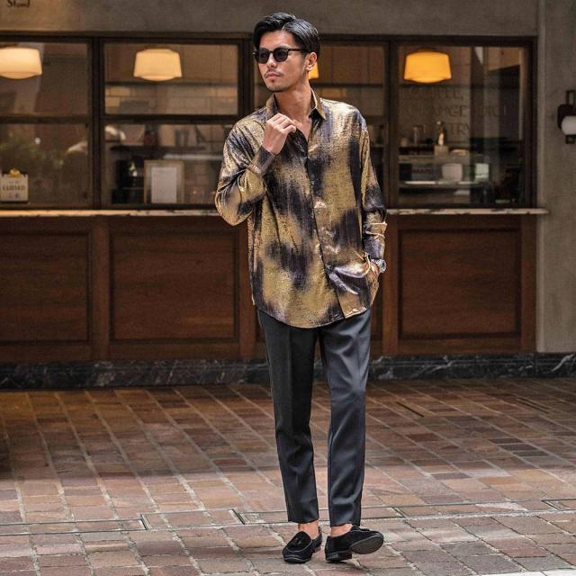 シャツ メンズ ブランド おしゃれ 総柄シャツ グリッターシャツ シャイニーシャツ 大きいサイズ ゆったり 長袖シャツ 光沢 上品 大人 きれいめ 白シャツ ブラック ゴールド シルバー M L CavariA 20代 30代 40代 ユニセックス 男性 男 服 春 春服 ファッション [CANG25-33]_7