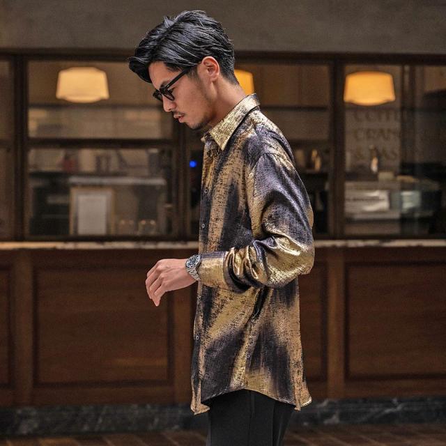 シャツ メンズ ブランド おしゃれ 総柄シャツ グリッターシャツ シャイニーシャツ 大きいサイズ ゆったり 長袖シャツ 光沢 上品 大人 きれいめ 白シャツ ブラック ゴールド シルバー M L CavariA 20代 30代 40代 ユニセックス 男性 男 服 春 春服 ファッション [CANG25-33]_8