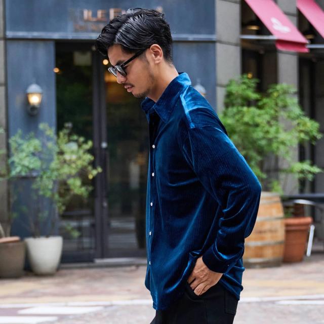 シャツ メンズ 長袖 ベロアシャツ 長袖シャツ ベロア素材 光沢 ラメ