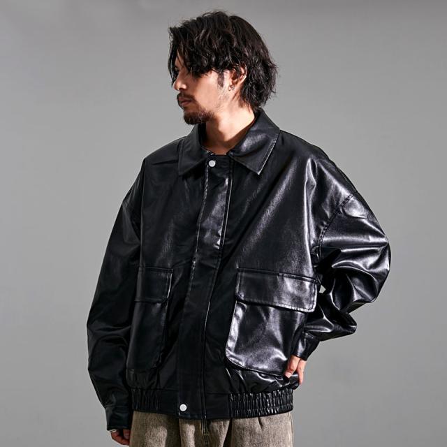 レザージャケット メンズ PUレザー フェイクレザー ブルゾン アウター 革ジャン ジャケット おしゃれ 大きいサイズ オーバーサイズ ミリタリージャケット 防風 ブラック 黒 M L XL LL CavariA ユニセックス 男性 男 服 秋 冬 秋冬 ファッション 即日発送 [CARE23-20]_4