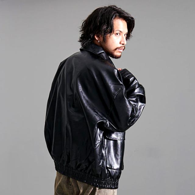 レザージャケット メンズ PUレザー フェイクレザー ブルゾン アウター 革ジャン ジャケット おしゃれ 大きいサイズ オーバーサイズ ミリタリージャケット 防風 ブラック 黒 M L XL LL CavariA ユニセックス 男性 男 服 秋 冬 秋冬 ファッション 即日発送 [CARE23-20]_6