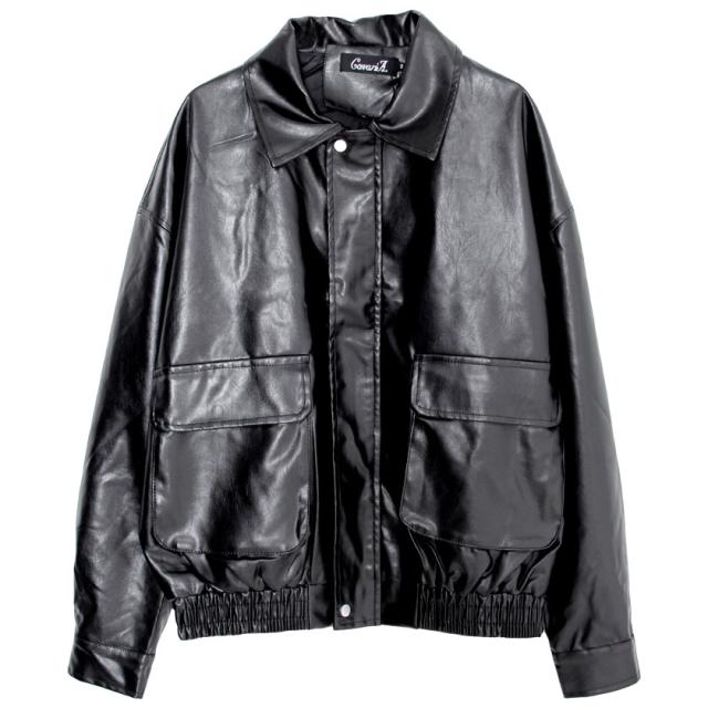 レザージャケット メンズ PUレザー フェイクレザー ブルゾン アウター 革ジャン ジャケット おしゃれ 大きいサイズ オーバーサイズ ミリタリージャケット 防風 ブラック 黒 M L XL LL CavariA ユニセックス 男性 男 服 秋 冬 秋冬 ファッション 即日発送 [CARE23-20]_13