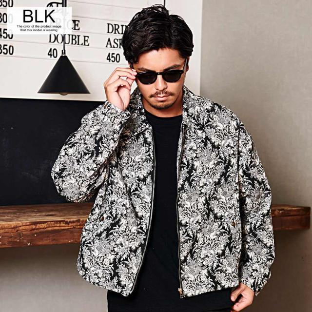 ブルゾン メンズ ジャケット おしゃれ ゴブラン織り アウター 花柄 ジップジャケット ジップブルゾン ビッグシルエット オーバーサイズ ショート丈 ブラック 黒 古着風 ヴィンテージ ビンテージ CavariA キャバリア ブランド M L カジュアル メンズファッション [CARE24-37]_2