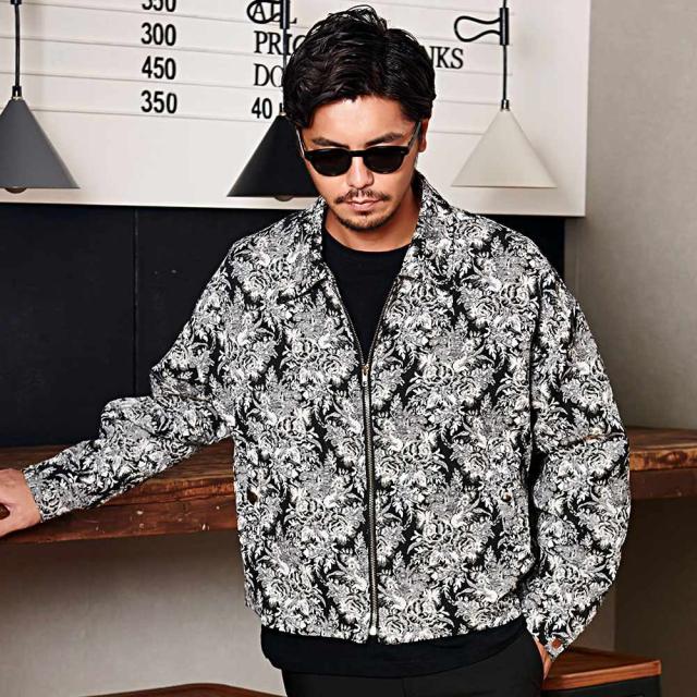 ブルゾン メンズ ジャケット おしゃれ ゴブラン織り アウター 花柄 ジップジャケット ジップブルゾン ビッグシルエット オーバーサイズ ショート丈 ブラック 黒 古着風 ヴィンテージ ビンテージ CavariA キャバリア ブランド M L カジュアル メンズファッション [CARE24-37]_4