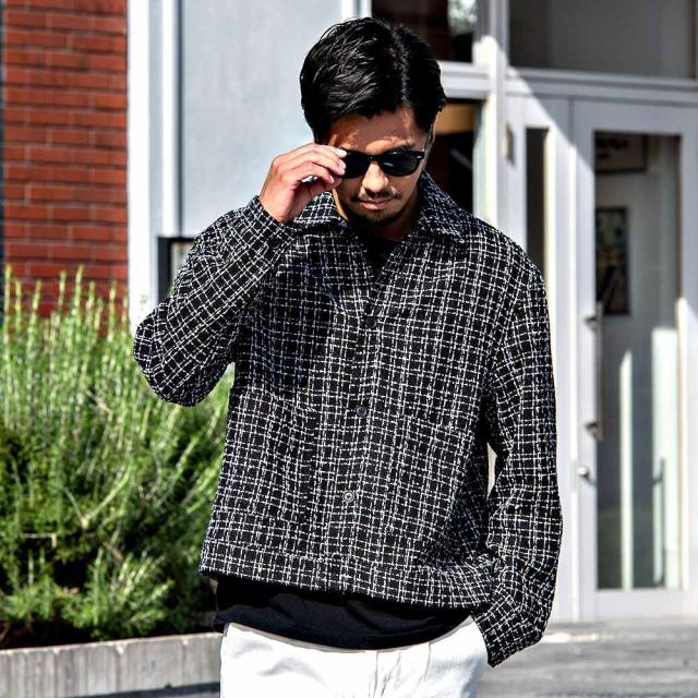 ジャケット メンズ ブルゾン アウター おしゃれ ツイード チェック ショート丈 短丈 大きいサイズ ビッグシルエット オーバーサイズ 総柄 ブラック ホワイト 黒 白 M L CavariA 20代 30代 40代 ユニセックス 男性 男 服 秋 冬 秋冬 秋服 ファッション [CARE24-41] ジャケット メンズ ブルゾン アウター おしゃれ ツイード チェック