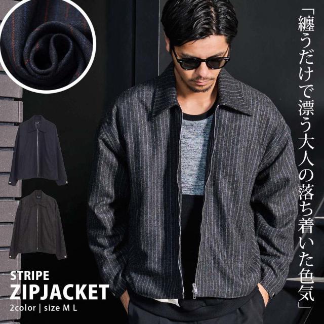 ジャケット メンズ アウター ショート丈 ストライプ ZIP ブルゾン ジップジャケット おしゃれ きれいめ モード シンプル 上品 ネイビー チャコール 羽織り 定番 CavariA 大人 20代 30代 40代 50代 ちょいワル ユニセックス 男性 男 服 秋 冬 秋冬 ファッション[CARE25-66]