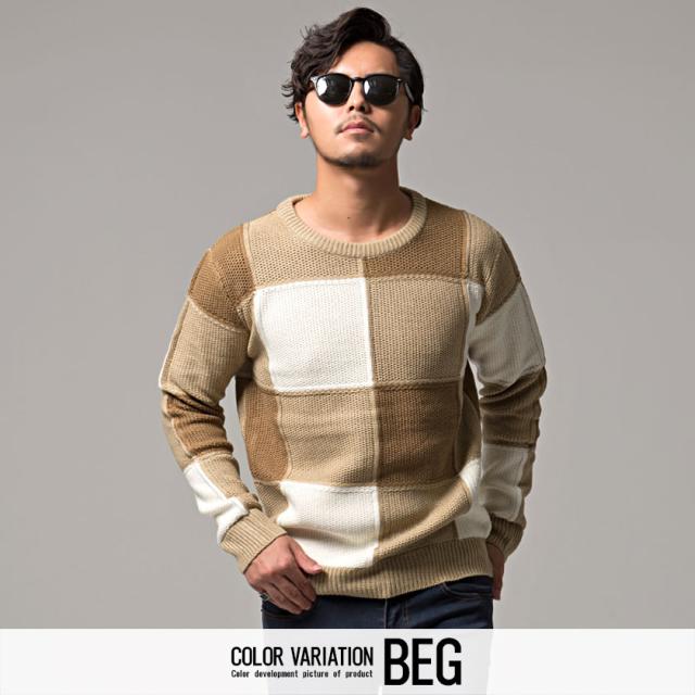 ニット メンズ セーター ブランド 大人 5G ブロックチェック チェック きれいめ 防寒 暖かい シンプル ホワイト ベージュ ブラック 黒 春 秋 冬 プレゼント ストリート カジュアル CavariA 20代 30代 40代 メンズファッション 即日発送 [CAST22-56]の通販は