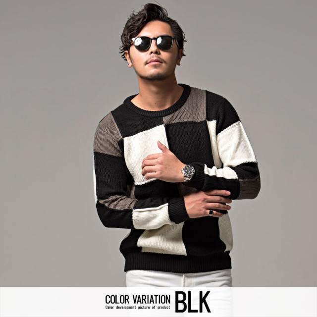 ニット メンズ セーター ブランド 大人 5G ブロックチェック チェック きれいめ 防寒 暖かい シンプル ホワイト ベージュ ブラック 黒 春 秋 冬 プレゼント ストリート カジュアル CavariA 20代 30代 40代 メンズファッション 即日発送 [CAST22-56]の通販は