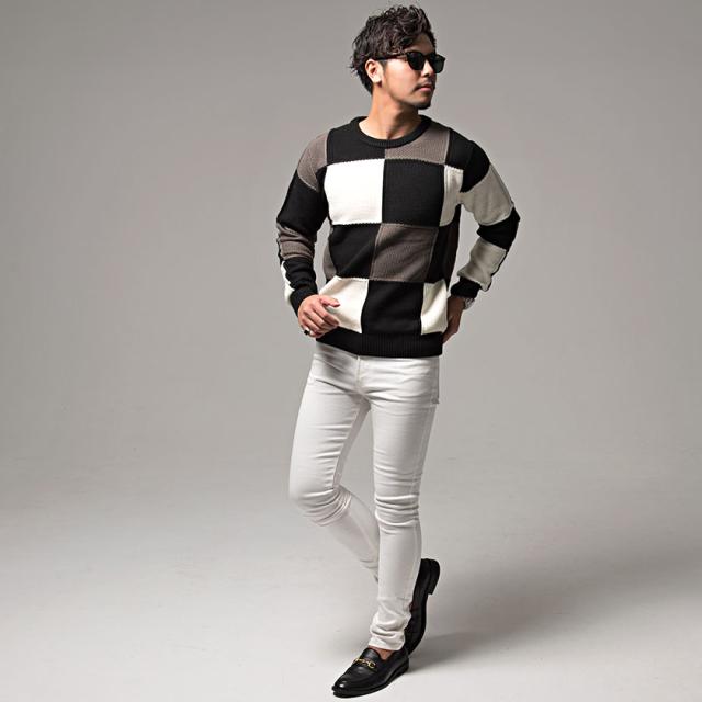ニット メンズ セーター ブランド 大人 5G ブロックチェック チェック きれいめ 防寒 暖かい シンプル ホワイト ベージュ ブラック 黒 春 秋 冬 プレゼント ストリート カジュアル CavariA 20代 30代 40代 メンズファッション 即日発送 [CAST22-56]の通販は