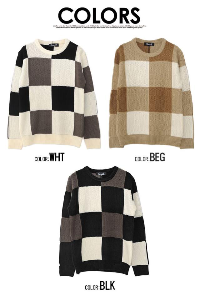 ニット メンズ セーター ブランド 大人 5G ブロックチェック チェック きれいめ 防寒 暖かい シンプル ホワイト ベージュ ブラック 黒 春 秋 冬 プレゼント ストリート カジュアル CavariA 20代 30代 40代 メンズファッション 即日発送 [CAST22-56]の通販は