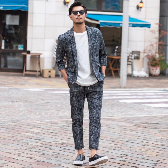 テーラードジャケット メンズ おしゃれ テーラード ジャケット アウター シングル カジュアルスーツ シンプル リモートワーク 在宅勤務 ビジネス モザイク柄 モノトーン ストレッチ 7分袖 七分袖 服 春 夏 春夏 ファッション メンズファッション 即日発送 [CAST23-45] テーラードジャケット メンズ おしゃれ テーラード ジャケット