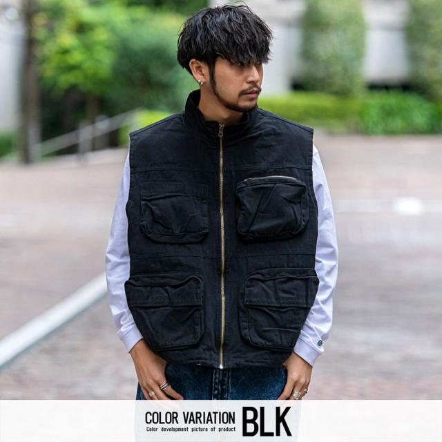 ★深Vネック ブラック× デニム リメイク ミリタリー ベスト ジレ ★ ベスト メンズ ジレ タクティカルベスト 中綿 デニムベスト