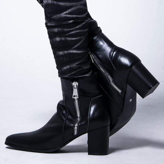 ブーツ ブーティ メンズ ブランド おしゃれ 靴 シューズ 本革 レザー スムース ショートブーツ 7.5cm ヒール 美脚 サイドジップ ポインテッドトゥ シンプル ブラック 黒 25.0 26.0 27.0 大人 カジュアル きれいめ モード 即日発送 メンズファッション [ELB516-3]