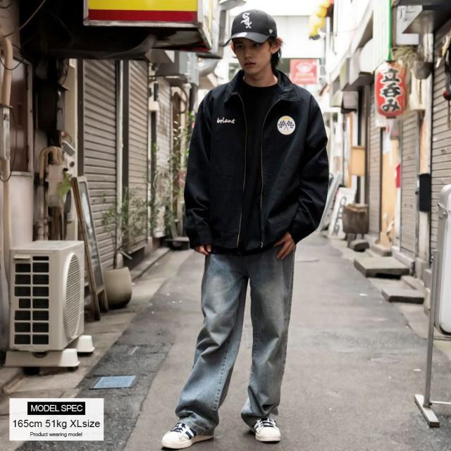 アルカルザ ワークジャケット チェーンステッチ フェルトワッペン風 ブラック ワークジャケット メンズ アウター レーシングジャケット