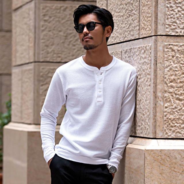 ロンT メンズ ワッフル サーマル 長袖Tシャツ プルオーバー 定番