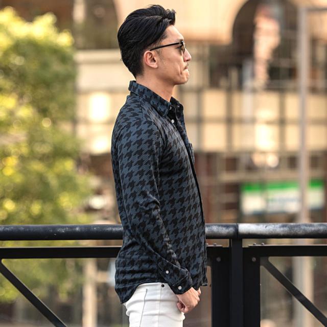 シャツ メンズ 長袖シャツ 柄シャツ 長袖 シャツ 千鳥格子 イタリアン