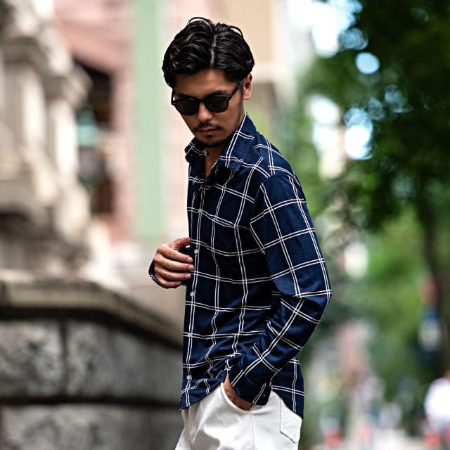 シャツ メンズ 長袖シャツ 柄シャツ 長袖 シャツ 千鳥格子 イタリアン 