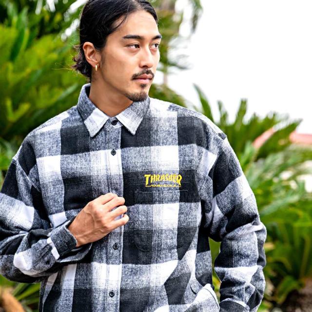 THRASHER スラッシャー ネルチェック メンズ フレイムロゴ 刺繍 チェックシャツ バック 刺繍 大きいサイズ ヘビーネルシャツ シャツジャケ 長袖 スケーター 大人 カジュアルシャツ 20代 30代 40代 50代 ユニセックス 男性 男 服 秋 冬 秋冬 ファッション [TH25AW07] THRASHER スラッシャー ネルチェック メンズ フレイムロゴ 刺繍
