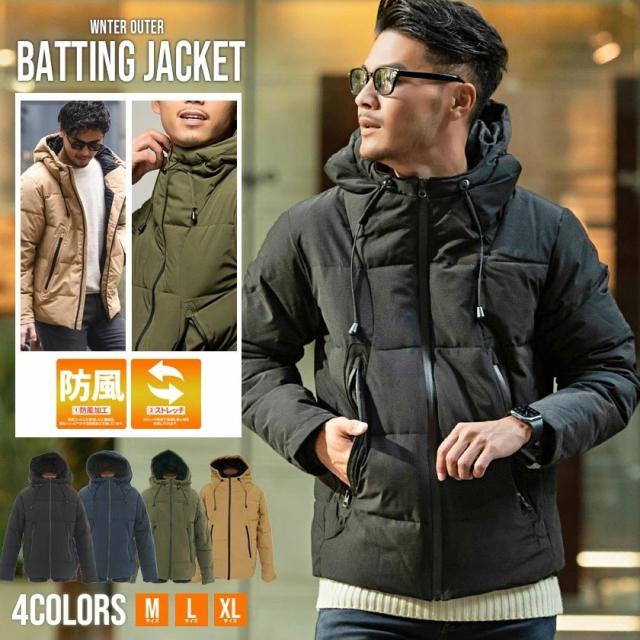 中綿ジャケット メンズ アウター ブルゾン フード ボリュームネック 防風加工 防風フィルム 三層構造 無地 シンプル ベーシック ストレッチ ブラック ネイビー カーキ ベージュ 黒 M L XL カジュアル きれいめ VICCI ビッチ 秋 即日発送 [VISH18-09]の通販は 6,490円