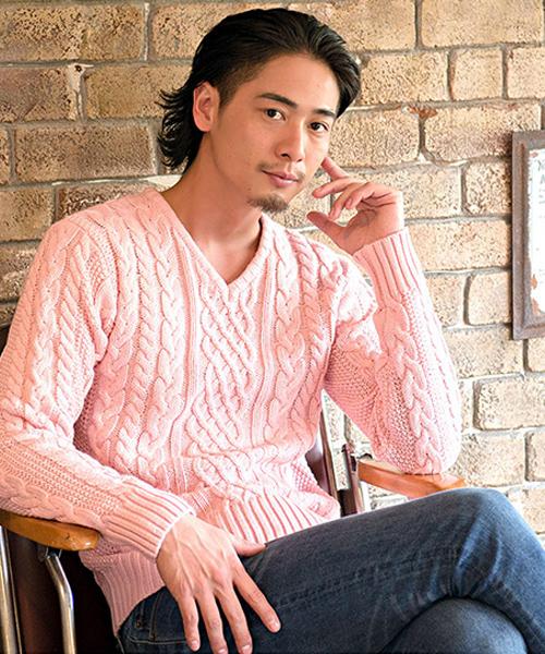 送料無料】ニット セーター メンズ 長袖 ケーブル編み Vネック