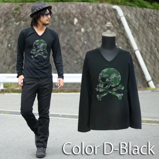 閉店セール】豪華ラインストーンスカル迷彩Vネック長袖Tシャツ Tシャツ