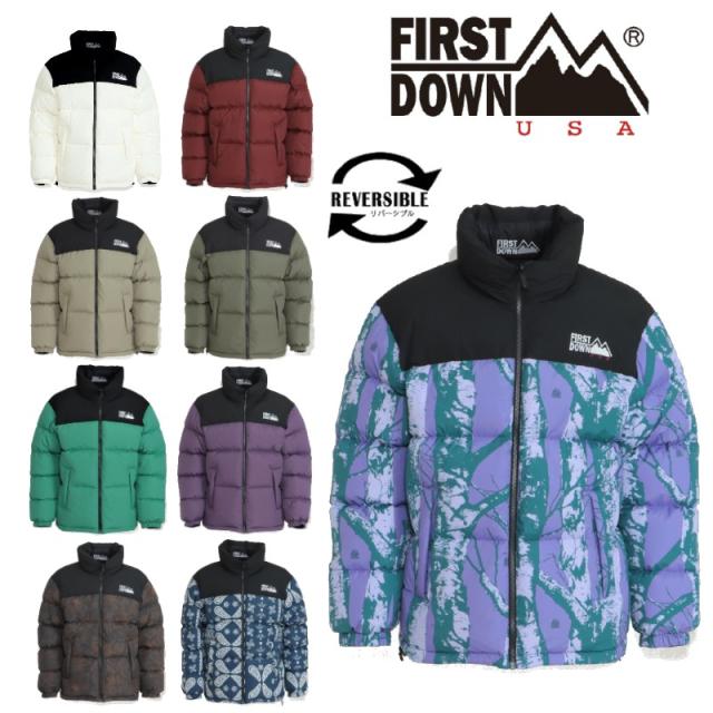 FIRST DOWN(ファーストダウン)BUBBLE DOWN JKT ダウンジャケット リバーシブル メンズ レディース ユニセックス アウター 防寒着 ナイロン 防寒 秋冬 ハイネック スタンドカラー S-XL 黒 ブラック カジュアル スポーツ アメカジ カモフラ 迷彩 柄 おしゃれ 軽量