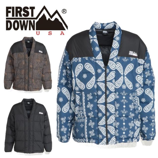 FIRST DOWN(ファーストダウン)HANTEN DOWN JKT 半纏 はんてんダウンジャケット 日本 メンズ レディース ユニセックス アウター 防寒着 防寒 秋冬 M-XL 黒 ブラック カジュアル カモフラ 迷彩 柄 バンダナ ペイズリー おしゃれ