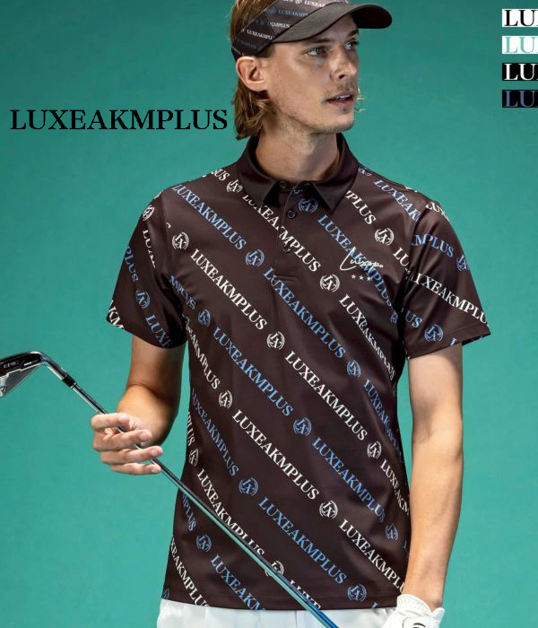 LUXEAKMPLUS リュクスエイケイエムプラス 総柄ロゴ半袖ポロシャツ メンズ ドライ ストレッチ カジュアル スポーツ ゴルフ GOLF おしゃれ ブランド