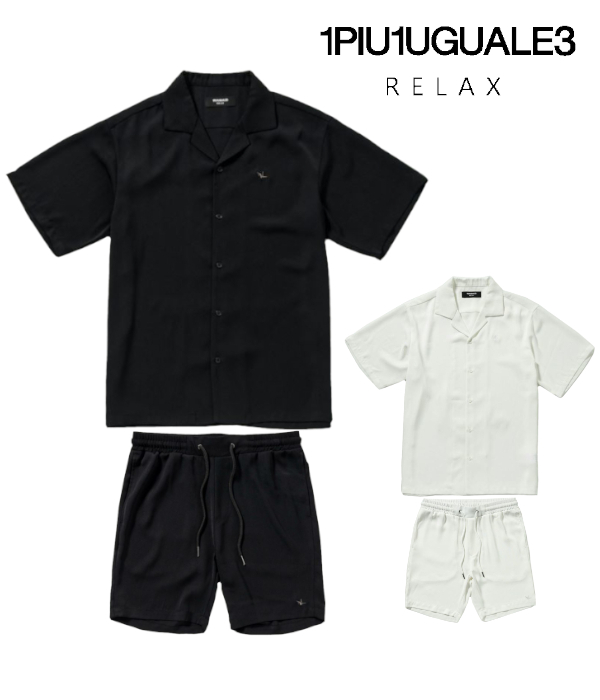 1PIU1UGUALE3 RELAX ウノピゥウノウグァーレトレ リラックス アロハ セットアップ メンズ ロゴ 半袖 上下セット カジュアル リゾート ハーフパンツ 夏