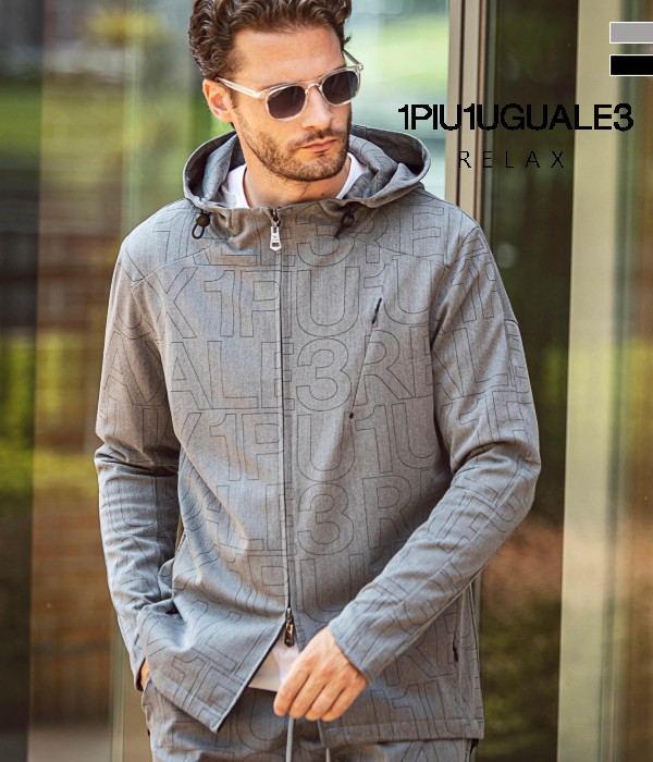 1PIU1UGUALE3 RELAX(ウノピゥウノウグァーレトレ)総柄ロゴストレッチパーカー カジュアル アウター ブルゾン 秋冬 ブラック グレー ギフト プレゼント