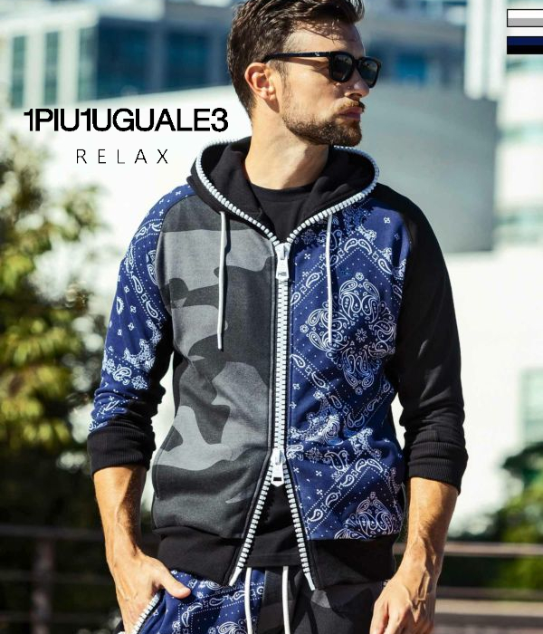1PIU1UGUALE3 RELAX ウノピゥウノウグァーレトレ リラックス カモ×ペイズリー柄パーカー メンズ スウェット フーディ 迷彩 カジュアル スポーツ ルームウェア