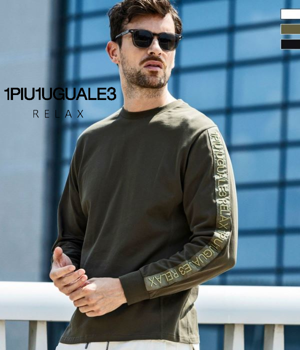 1PIU1UGUALE3 RELAX ウノピゥウノウグァーレトレ リラックス テープロゴTシャツ メンズ ロンT 長袖 カットソー カジュアル スポーツ