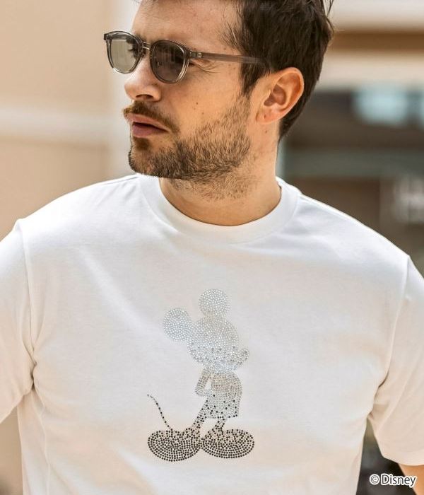 1PIU1UGUALE3 RELAX ウノピゥウノウグァーレトレ リラックス 【ミッキーマウス】グラデーションラインストーンTシャツ メンズ 半袖 カットソー カジュアル