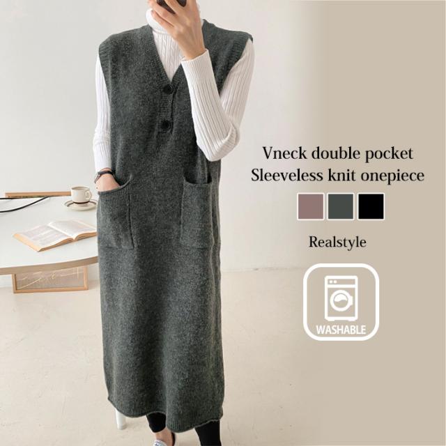 新作 ワンピース レディース 秋冬 ゆったり 50代 ニット ベスト ロング 体型カバー 重ね着 レイヤード 暖かい 厚手 ノースリーブ 大人 ウォッシャブルニット 洗えるニット おうちで洗える 家で洗えるの通販は