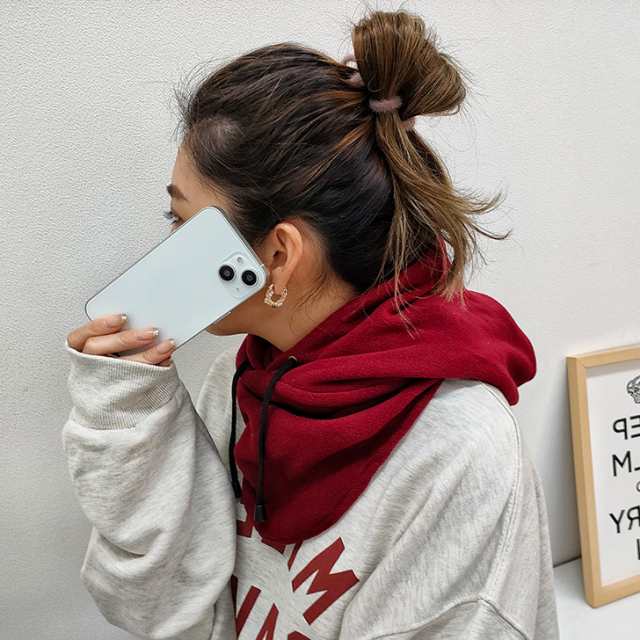 バラクラバ グレー 手編み フード付きネックウォーマー 男女兼用