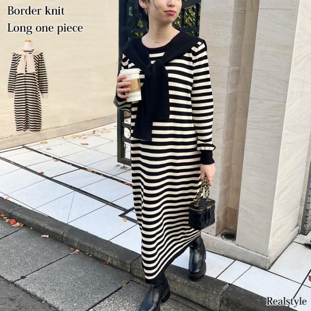 新作 ワンピース レディース 秋 冬 長袖 きれいめ ロング ニット 薄手 襟付き ボーダー柄 ゆったり 体型カバー ストレート Iライン 高身長の通販は 5,610円